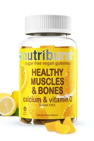 New Arrival Nutriburst Healthy Muscles & Bones Calcium & Vitamin D Sugar free Vegan Gummies for Bone & Muscle Support 60 Natural Lemon flavour Gummies