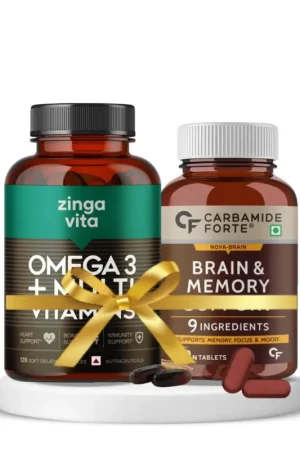 Brain Support Carbamide Forte Brain Support Supplement for Memory & Focus with Brahmi Bacopa Monnieri, Ginkgo Biloba, 120 Veg Tablets + Zingavita Omega 3 Fish Oil + Multivitamin For Immunity Energy & Heart Health (120 Capsules) Big Sale