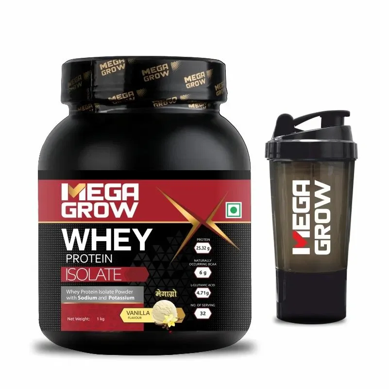 Trusted Brand Megagrow Isolate Whey Protein Powder Vanilla Flavored with shaker Energy 125 kcal 24.5 g Protein, 4.67 g BCAA 31 Servings, Pack of 1 Kg