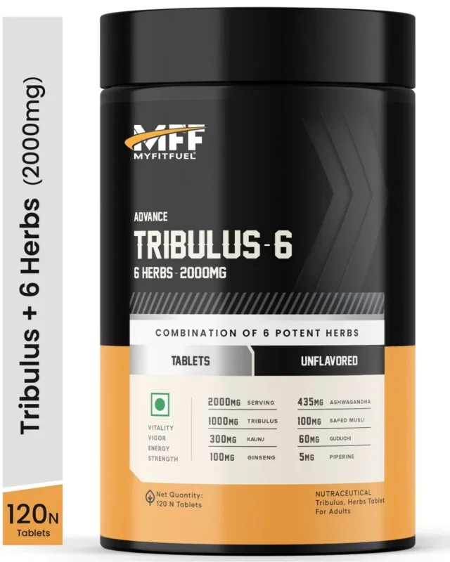MyFitFuel Tribulus 6 (6 Herbs Tribulus, Ginseng, Kaunj, Safed Musli, Ashwagandha, Guduchi & Piperine 95%) (2000mg) (120 capsules) (50% Saponins) Natural Testosterone Support For Performance, Muscle & Energy Limited Time