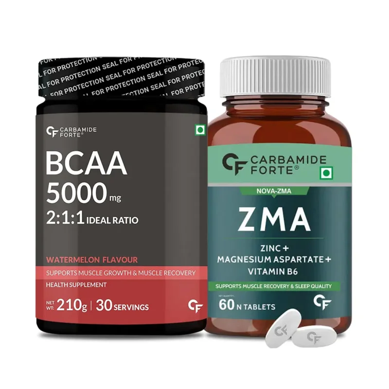 Muscle Power Combo Carbamide Forte BCAA Powder Masala Watermelon Flavor + ZMA Supplements 210g Powder & 60 Veg Tablets Exclusive Offer