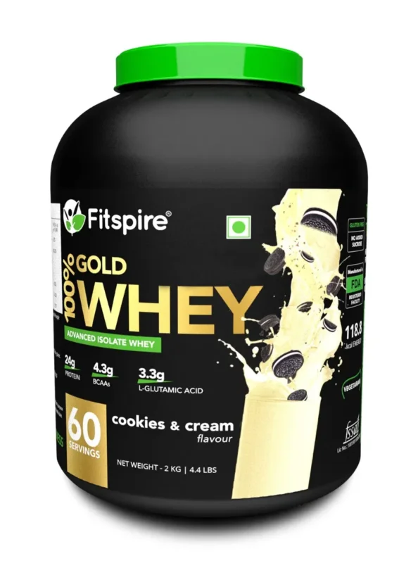 Fitspire 100% Gold Advanced Isolate Whey Protein Cookie and Cream, 2 kg/4.4 lb 33 gm Serving Size 24 gm Protein 4.3 gm BCAA Gluten & cholesterol Free Powder Supplement 60 Servings Certified
