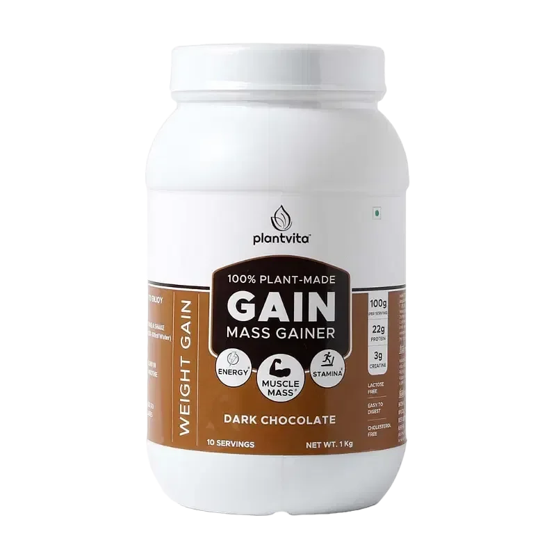 Free Returns PlantVita GAIN Plant based Weight & Mass Gainer for Optimum Mass & Weight Gain with 22g Protein & High Calories ( Dark Chocolate, 1Kg)