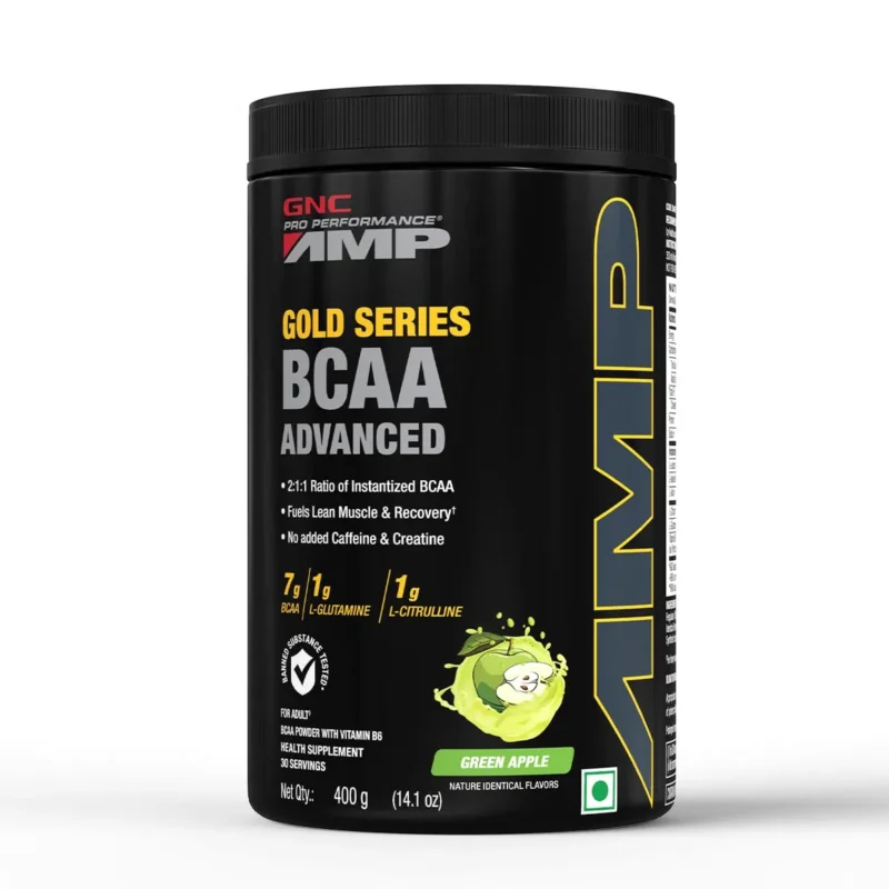 Latest GNC AMP Gold Series BCAA Advanced Fastest Muscle Recovery Maximized Workout Performance Formulated In USA 7g BCAA 1g L-Glutamine 1g L-Citrulline Green Apple 400 gm