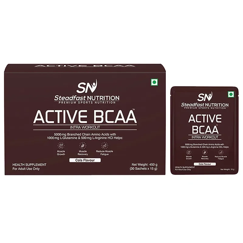 Buy Online Steadfast Nutrition Active BCAA Pre Workout BCAA Supplement in 2 1 1 Ratio Muscle Recovery & Endurance, Intra workout BCAA with L-Glutamine & L-Arginine (Cola, 30 Sachets)