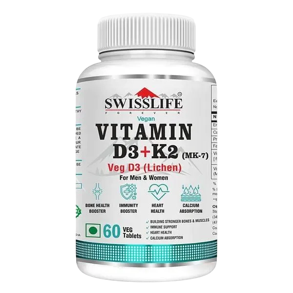 Limited Offer Swisslife Forever Vitamin D3 + K2 (MK7) Plant Based Vitamin D3 Lichen Source Immunity, Heart, Muscle & Bone Health Plant Based 60 Veg Tablets