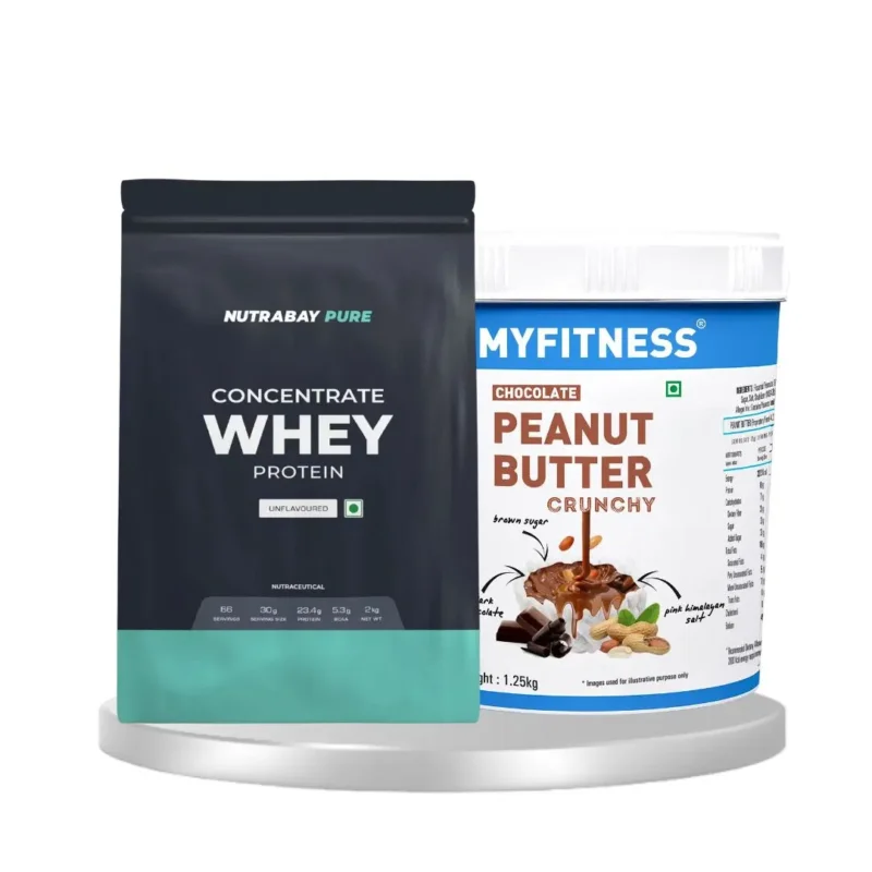 Affordable Nutrabay pure 100% raw whey protein 2kg unflavoured & Myfitness chocolate peanut butter crunchy 1250g combo pack of 2