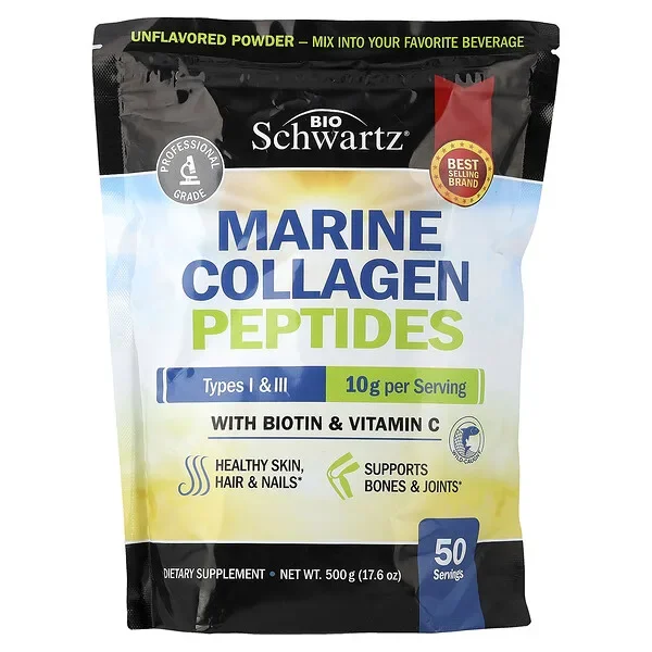 Last Chance BioSchwartz, Marine Collagen Peptides Powder, Types I & III, With Biotin & Vitamin C, Unflavored, 17.6 oz (500 g)