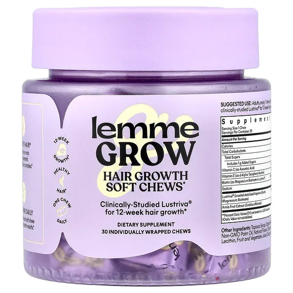 Order Now Lemme, Grow, Hair Growth Soft Chews, Mixed Fruit, 30 Individually Wrapped Chews